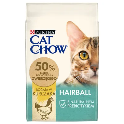 Purina Cat Chow Hairball, 50% białka pochodzenia zwierzęcego, bogata w kurczaka, z naturalnym prebiotykiem. Na opakowaniu widoczny kot i grafika kury.