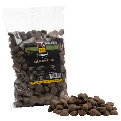 Caniland biscotti con cavallo, alimento complementare per cani, confezione da 600g. Biscotti marroni visibili e confezione con dettagli del prodotto.