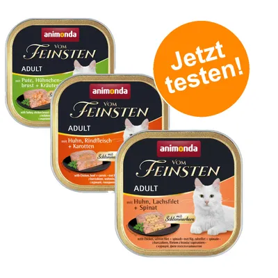 Animonda Vom Feinsten Adult Katzenfutter: Sorten mit Pute, Hühnerbrust + Kräutern; Huhn, Rindfleisch + Karotten; Huhn, Lachsfilet + Spinat. Orange Button: Jetzt testen!