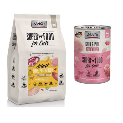 MAC´s Kombi-Paket: 12 x 400 g Nassfutter + 2 x 1,5 kg Superfood Trockenfutter 12 x 400 g Kalb & Pute + 2 x 1,5 kg Adult Ente, Pute & Huhn