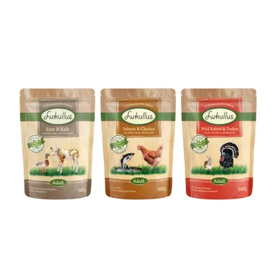 Lukullus Naturkost Pliculețe 6 x 300 g - Pachet mixt: Iepure sălbatic & curcan / Rață & vițel / Somon & pui