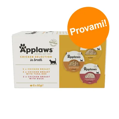 Applaws Natural Cat Food Chicken Selection in broth, 8 x 60 g. 3x petto di pollo, 3x petto di pollo con uova di tonno, 2x petto di pollo con anatra. Etichetta arancione: Provami!