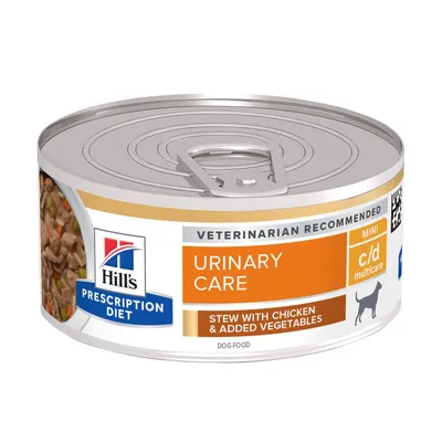 Hill's Prescription Diet Urinary Care MINI c/d Multicare, stoofpot met kip en toegevoegde groenten, blik natvoer voor honden. Tekst: Veterinarian Recommended.
