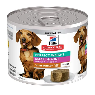 Hill's Science Plan Perfect Weight Small & Mini Adult 1+ up to 10 kg with Turkey mousse kutyaeledel konzerv, kutya képpel, fémdobozban