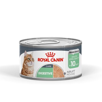 ROYAL CANIN CARE DIGESTIVE Airlift Mousse, terve ulosteen laatu 10 päivässä, kissan kuva purkissa.