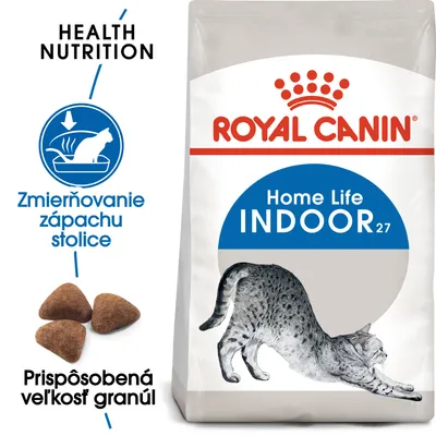 Royal Canin Home Life Indoor 27, zmierňovanie zápachu stolice, prispôsobená veľkosť granúl, obrázok mačky a granúl na obale. Text: Health Nutrition.