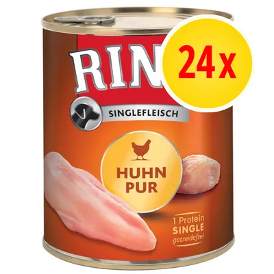 Rinti Singlefleisch Huhn Pur -kana, 24x. Etiketissä teksti: 1 Protein Single, getreidefrei. Kuvassa kananlihaa ja keltainen ympyrä, jossa lukee 24x. Rinti Singlefleisch Huhn Pur -kana, 24x. Etiketissä teksti: 1 Protein Single, getreidefrei. Kuvassa kananlihaa ja keltainen ympyrä, jossa lukee 24x.