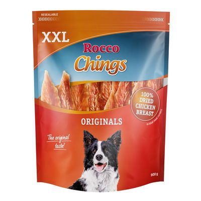 Balenie Rocco Chings XXL Originals, 100 % dried chicken breast, 900 g. Na obale je obrázok psa a kúskov sušeného mäsa. Text: The original taste!, resealable.