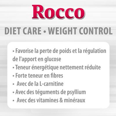 Rocco Diet Care Weight Control : favorise la perte de poids, régulation du glucose, énergie réduite, fibres élevées, L-carnitine, psyllium, vitamines et minéraux. Texte partiellement en anglais.