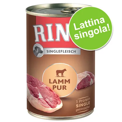 Rinti Singlefleisch Lamm Pur, lattina singola. Testo visibile: 1 Protein Single, getreidefrei.