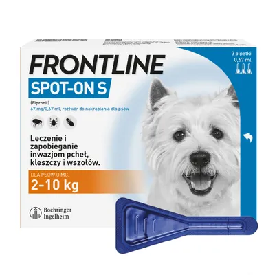FRONTLINE Spot-On S dla psów o masie 2–10 kg, 3 pipetki po 0,67 ml. Leczenie i zapobieganie inwazjom pcheł, kleszczy i wszołów. Boehringer Ingelheim.