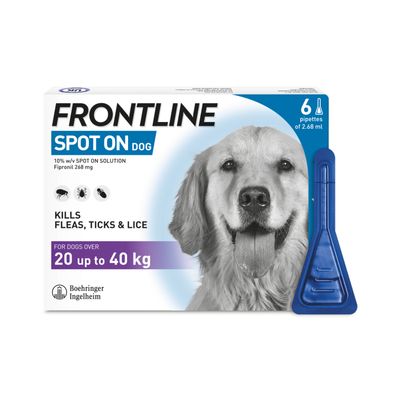 Frontline Spot On for dogs over 20 up to 40 kg, kills fleas, ticks and lice, contains 6 pipettes of 2.68 ml each with Fipronil 268 mg.