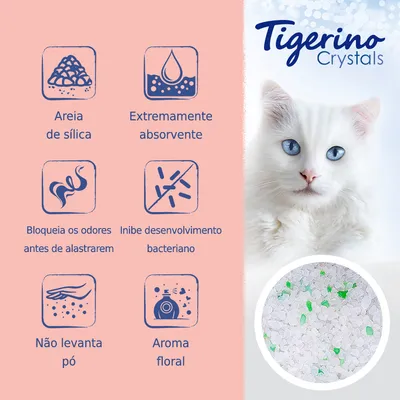 Tigerino Crystals. Areia de sílica, extremamente absorvente, bloqueia os odores antes de alastrarem, inibe desenvolvimento bacteriano, não levanta pó, aroma floral.