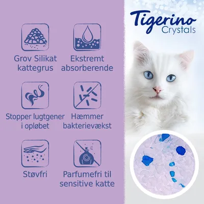 Tigerino Crystals. Grov Silikat kattegrus, Ekstremt absorberende, Stopper lugtgener i opløbet, Hæmmer bakterievækst, Støvfri, Parfumefri til sensitive katte. Billede af gruset nederst.