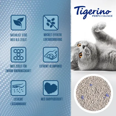 Tigerino Performance. Naturligt strö med blå zeolit, mycket effektiv luktabsorption, enorm bindningskraft, extremt klumpande, extremt lågdammande, med babypuderdoft.