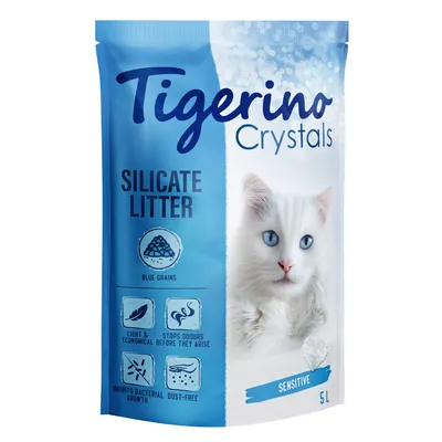 Sac de litière pour chat Tigerino Crystals Silicate Litter Sensitive 5L, texte en anglais : blue grains, light & economical, stops odours before they arise, inhibits bacterial growth, dust-free.