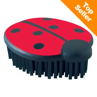 Borste i form av en nyckelpiga med svarta gummipiggar. Orange hörn med vit text: Top Seller.