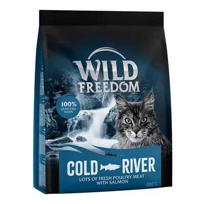 Wild Freedom Cold River, 100% grain-free recipe with lots of fresh poultry meat and salmon, 400g pack shown.
