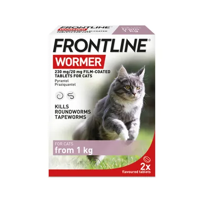 Frontline Wormer 230 mg/20 mg film-coated tablets for cats, kills roundworms and tapeworms, suitable for cats from 1 kg, contains 2 flavoured tablets.