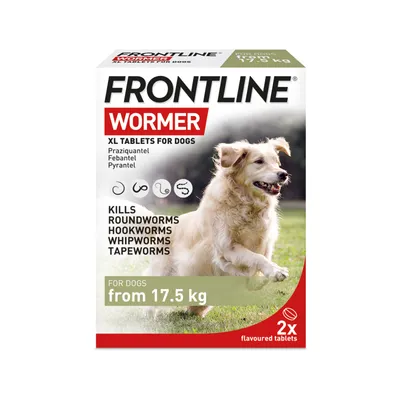 Frontline Wormer XL tablets for dogs from 17.5 kg, kills roundworms, hookworms, whipworms and tapeworms, contains praziquantel, febantel, pyrantel, pack of 2 flavoured tablets.