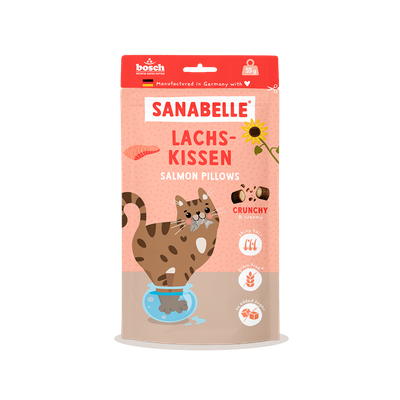 Sanabelle Laksepuder, Salmon Pillows, sprøde & cremede, skinnende pels, kornfri, uden tilsat sukker, fremstillet i Tyskland med hjerte, 55 g.
