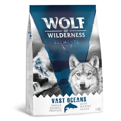 Wolf of Wilderness Elements Vast Oceans, single animal protein with marine algae, 1 kg. Texte visible sur l’emballage.