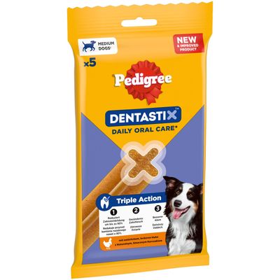 Pedigree Dentastix Daily Oral Care za srednje velike pse, Trojno delovanje: zmanjšuje nastajanje zobnih oblog, bolj zdrave dlesni, boljši zadah, z naravno piščancem, pakiranje s 5 kosi.