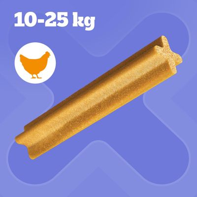 Žvečilni priboljšek s piščancem, primeren za živali s telesno težo od 10 do 25 kg. Prikazana je rjava palčka in simbol piščanca.