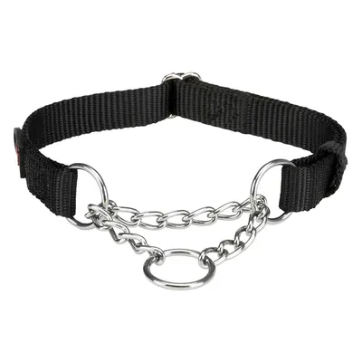 Collare per cani nero in nylon con catena metallica e due anelli per il fissaggio.