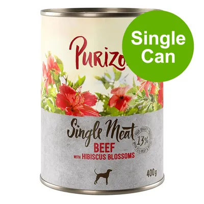 Purizon Single Meat Beef with Hibiscus Blossoms, 400g tin, Single Can, 13% high-quality protein, visible dog icon on label Purizon Single Meat Beef with Hibiscus Blossoms, 400g tin, Single Can, 13% high-quality protein, visible dog icon on label
