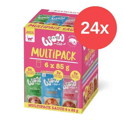 Wow Cat Multipack Sauce, Made in Germany, 24x 6 Beutel à 85g. Sorten: Filets Huhn, Lachs und Rind in Sauce. Mit viel Fleisch.