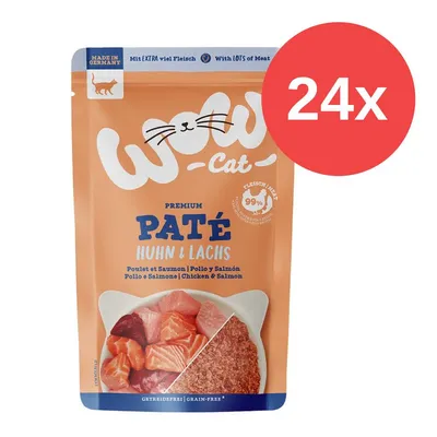 Wow Cat Premium Paté Poulet et Saumon, 24x sachets, 99 % viande, sans céréales, Made in Germany, visuel du produit avec morceaux de poulet et saumon