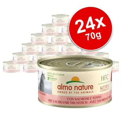 almo nature HFC Kitten Complete, 24 tins x 70g, salmon and tuna flavour. Visible text: 'Owned by the animals', 'Profits 100% to nature'.