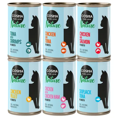 Six Cosma Nature tins showing flavours: tuna with shrimps, chicken and tuna, chicken and salmon, chicken fillet, chicken with chicken ham, skipjack tuna. 100% natural ingredients.