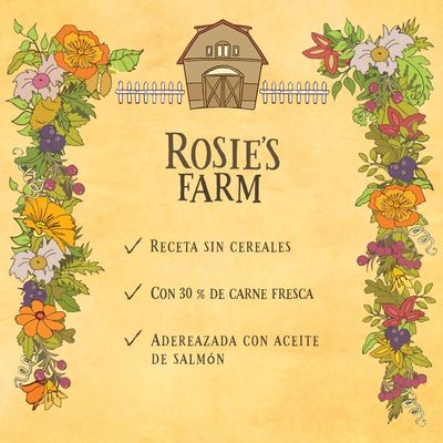 Rosie's Farm. Receta sin cereales, con 30 % de carne fresca, aderezada con aceite de salmón.