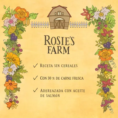 Rosie's Farm. Receta sin cereales, con 30 % de carne fresca, aderezada con aceite de salmón.