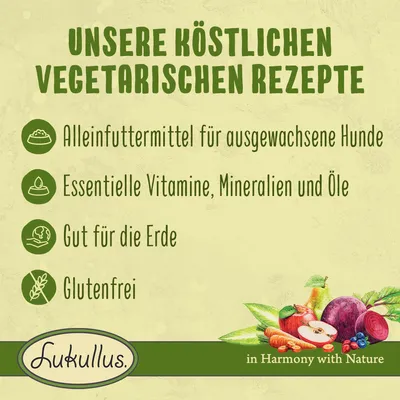 Texte en allemand : Unsere köstlichen vegetarischen Rezepte. Alleinfuttermittel für ausgewachsene Hunde, essentielle Vitamine, Mineralien und Öle, gut für die Erde, glutenfrei. Lukullus.
