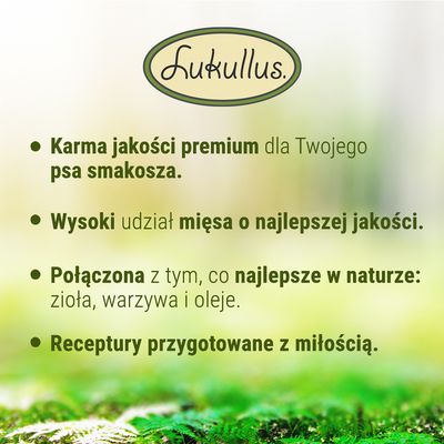Lukullus. Karma jakości premium dla psa, wysoki udział mięsa o najlepszej jakości, połączona z ziołami, warzywami i olejami, receptury przygotowane z miłością.