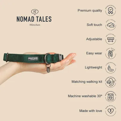 NOMAD TALES München green collar shown on hand, visible text: Premium quality, Soft touch, Adjustable, Easy wear, Lightweight, Matching walking kit, Machine washable 30°, Made with love.