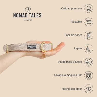 Collar Nomad Tales München sostenido en una mano, texto visible: calidad premium, ajustable, fácil de poner, ligero, set de paso a juego, lavable a máquina 30º, hecho con amor.