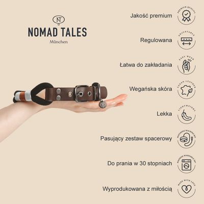 Obroża Nomad Tales München z wegańskiej skóry, regulowana, lekka, łatwa do zakładania, do prania w 30°C. Jakość premium. Widoczne napisy: pasujący zestaw spacerowy, wyprodukowana z miłością.
