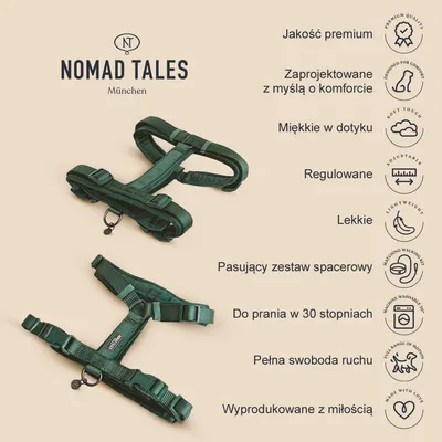 Szelki Nomad Tales München, zielone, regulowane, z widocznym logo. Obok tekst: jakość premium, komfort, miękkie, lekkie, do prania w 30°C, pełna swoboda ruchu, wyprodukowane z miłością. Szelki Nomad Tales München, zielone, regulowane, z widocznym logo. Obok tekst: jakość premium, komfort, miękkie, lekkie, do prania w 30°C, pełna swoboda ruchu, wyprodukowane z miłością.