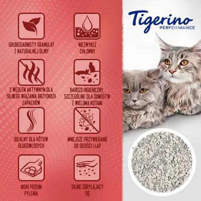 Tigerino Performance. Gruboziarnisty granulat z naturalnej gliny, niezwykle chłonny, z węglem aktywnym, bardzo higieniczny, idealny dla kotów długowłosych, niski poziom pylenia, silnie zbrylający się.