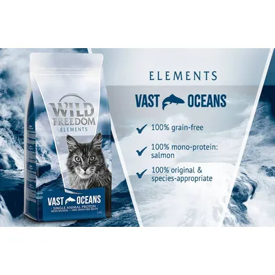 Wild Freedom Elements Vast Oceans cat food, 2kg pack with salmon. Visible text: 100% grain-free, 100% mono-protein: salmon, 100% original & species-appropriate.