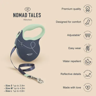 Nomad Tales München guinzaglio per cani. Taglie: S fino a 3,9 m, M fino a 4,8 m, L fino a 4,8 m. Caratteristiche: qualità premium, regolabile, idrorepellente, dettagli rifrangenti, facile da mettere.