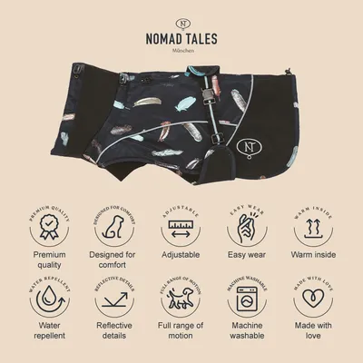 Nomad Tales München plášť pro psy s nastavitelným střihem, vodoodpudivý, reflexní prvky, lze prát v pračce, teplá podšívka. Prémiová kvalita, vyrobeno s péčí.