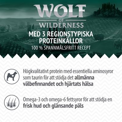 Wolf of Wilderness. Med 3 regionstypiska proteinkällor, 100 % spannmålsfritt recept. Högkvalitativt protein med taurin för välbefinnande och hjärthälsa. Omega-3/6 för frisk hud och päls.