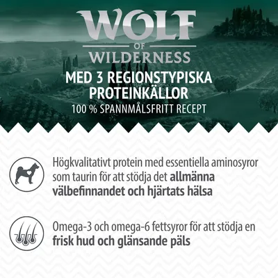 Wolf of Wilderness. Med 3 regionstypiska proteinkällor, 100 % spannmålsfritt recept. Högkvalitativt protein med taurin för välbefinnande och hjärthälsa. Omega-3/6 för frisk hud och päls.