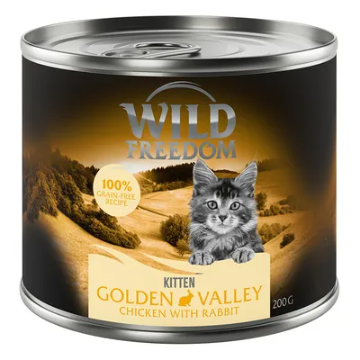 Wild Freedom Kitten Golden Valley Chicken with Rabbit, 100% grain-free recipe, puszka 200 g. Na etykiecie zdjęcie kota i krajobraz.