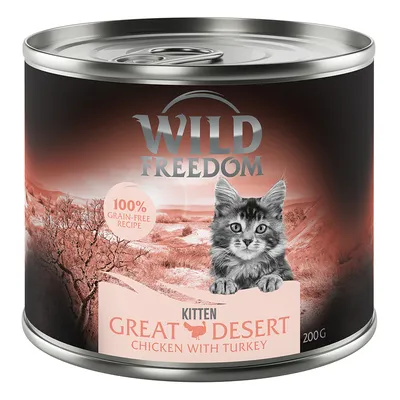 Wild Freedom Kitten Great Desert Chicken with Turkey, 100% grain-free recipe, puszka 200 g. Na etykiecie zdjęcie kota.